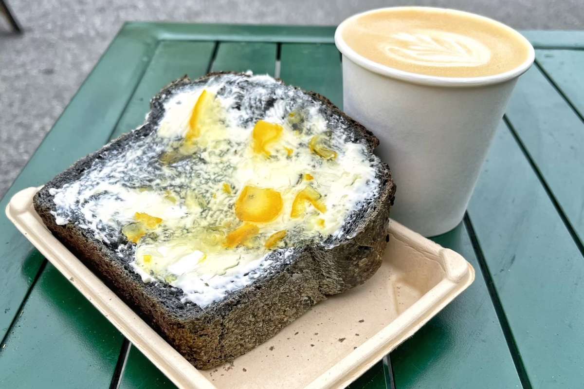 Activated charcoal toast from Rize Up Bakery is on the menu at Hey Neighbor.