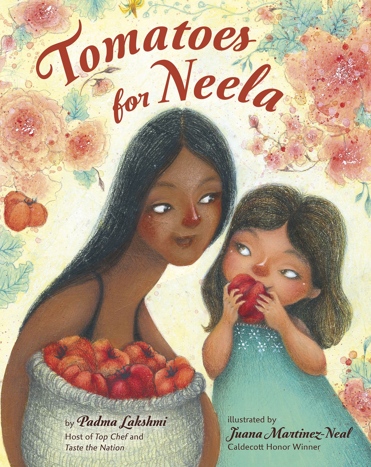 This cover image released by Viking Books for Young Readers shows “Tomatoes for Neela,” a children’s book written by Padma Lakshmi, with illustrations by Juana Martinez-Neal. The book mixes the author’s memories of cooking with her family with practical food advice, a nod to farmworkers and even a pair of recipes.