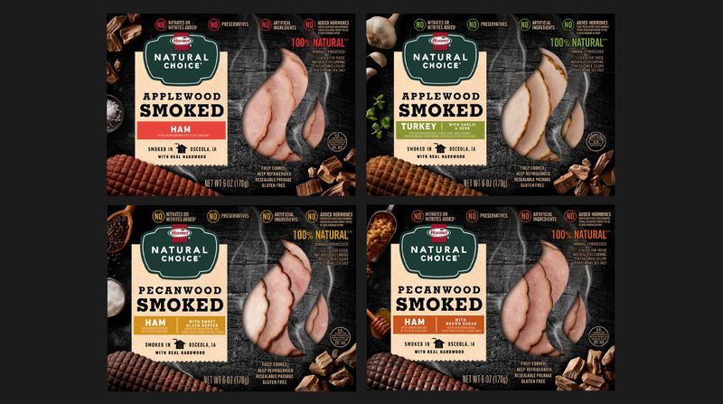 Tukey-Applewood-GarlicHerb-Front-Worker  The new Hormel® Natural Choice® hardwood smoked lunch meats are expertly crafted products – smoked in netting over real wood chips for over four hours – include exciting flavors like applewood ham, applewood turkey with garlic and herbs, pecanwood ham with sweet black pepper and pecanwood ham with brown sugar.