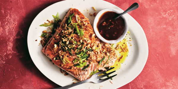Grilled Salmon with Tamarind Dipping Sauce and Crispy Brussels Sprouts