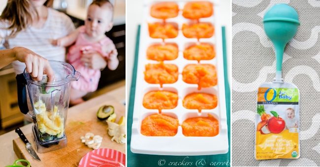 baby food tricks and recipes- a mom holding a baby adding fruit to a blender, pureed orange food in an ice tray, filling up a pouch.