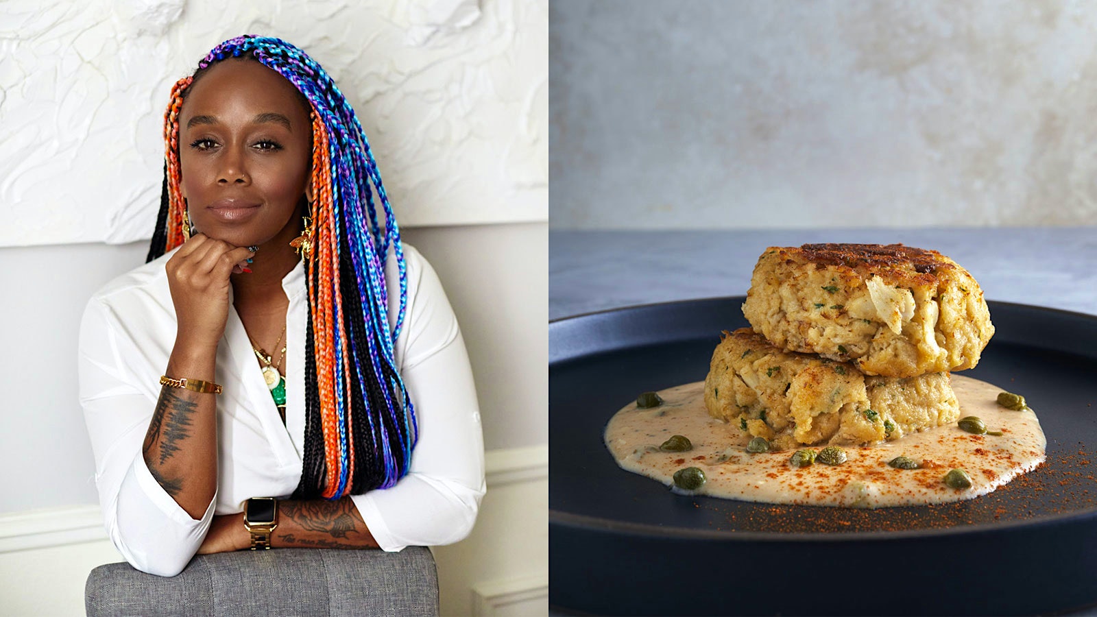  An image of Toya Boudy next to an image of crab cakes